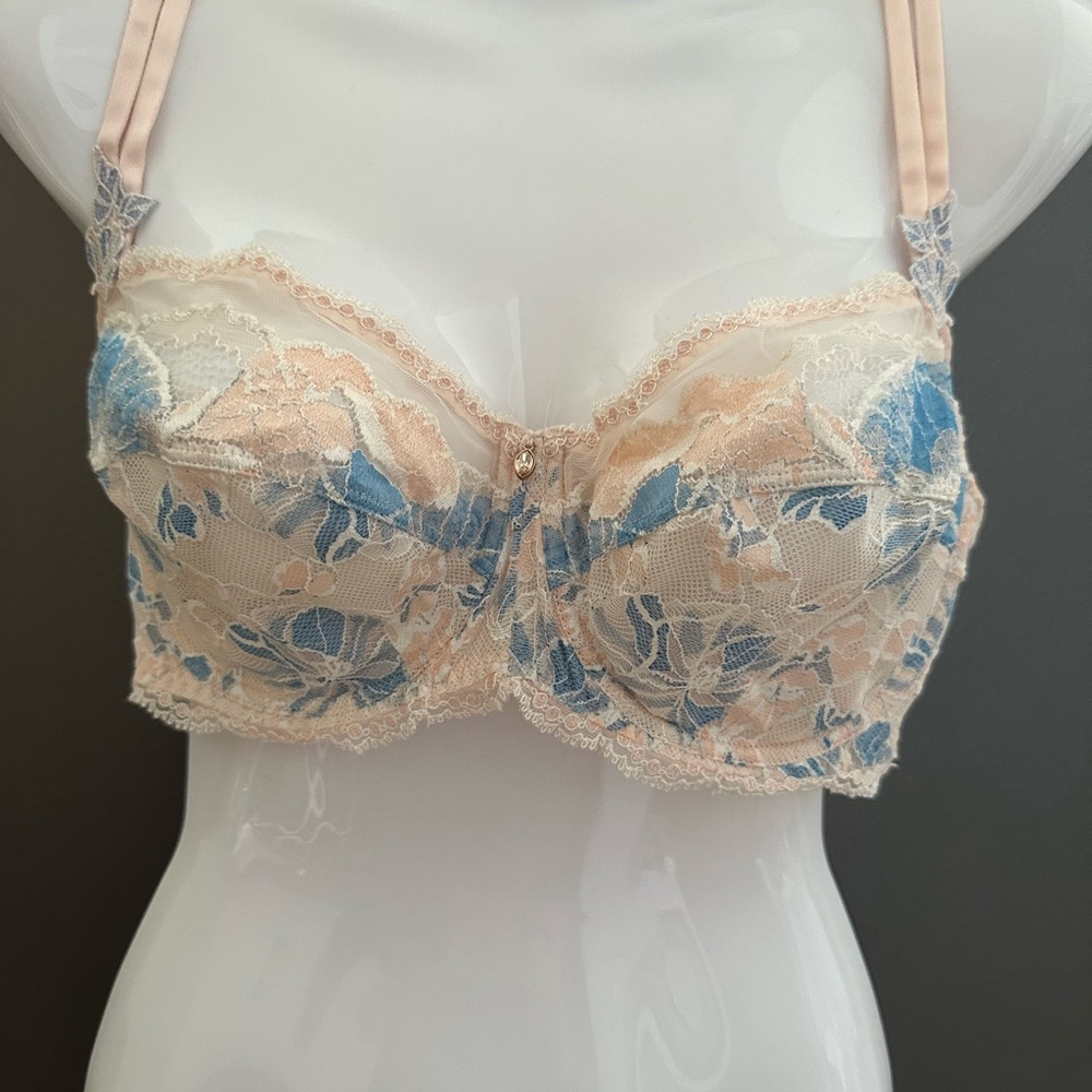 Lise Charmel Cream and Blue Lace Bra with Sculpted Cups and Adjustable Straps